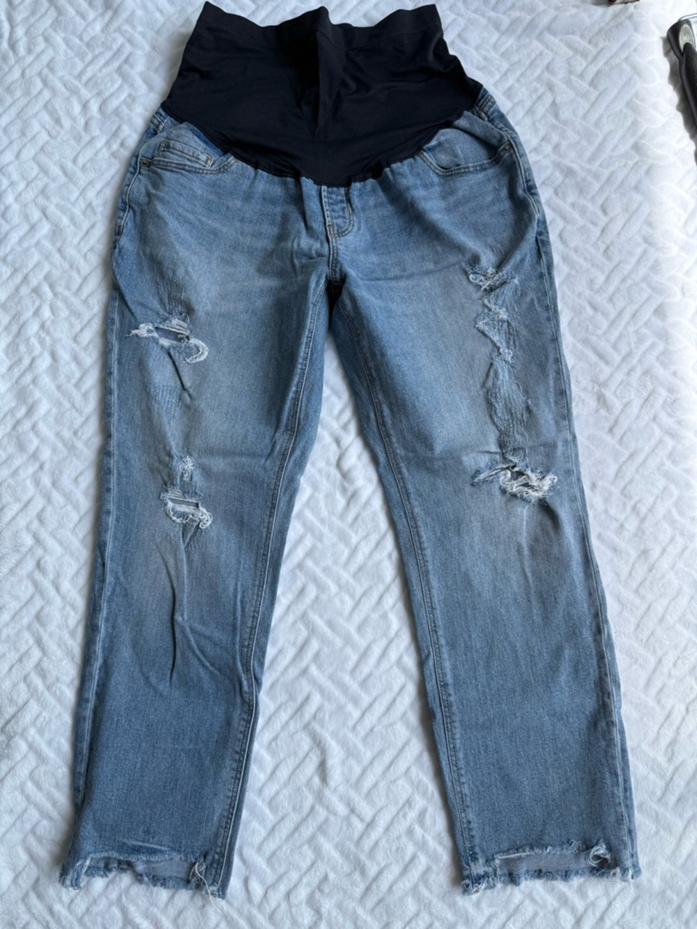 Maternity Distressed Light Blue Jeans with Black Stretch Panel